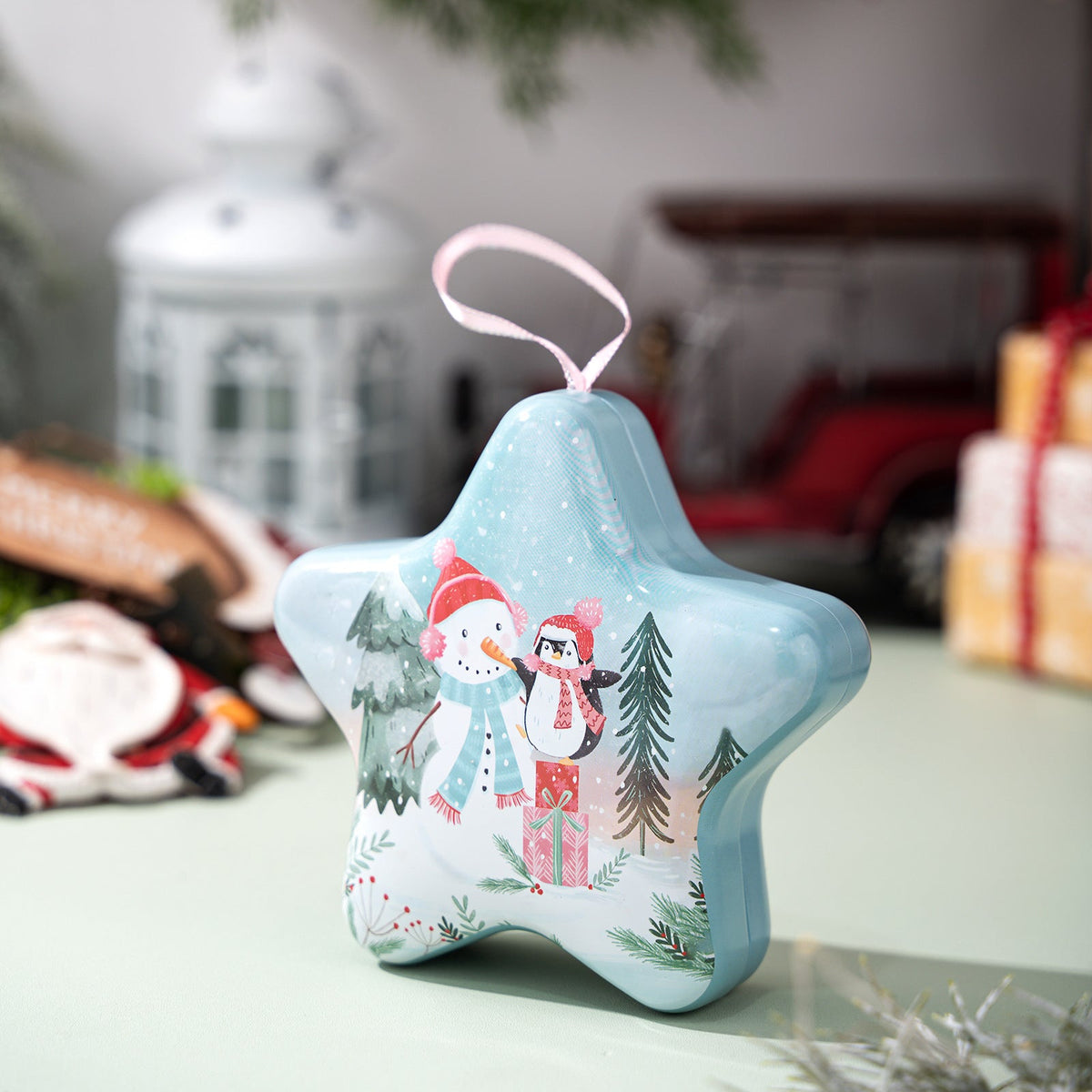 Christmas Star Candy Box Tin with Hanging Ornament