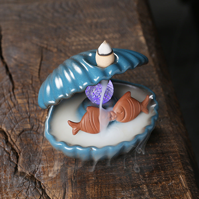 Backflow Incense Burner With LED Mermaid Shell Decor
