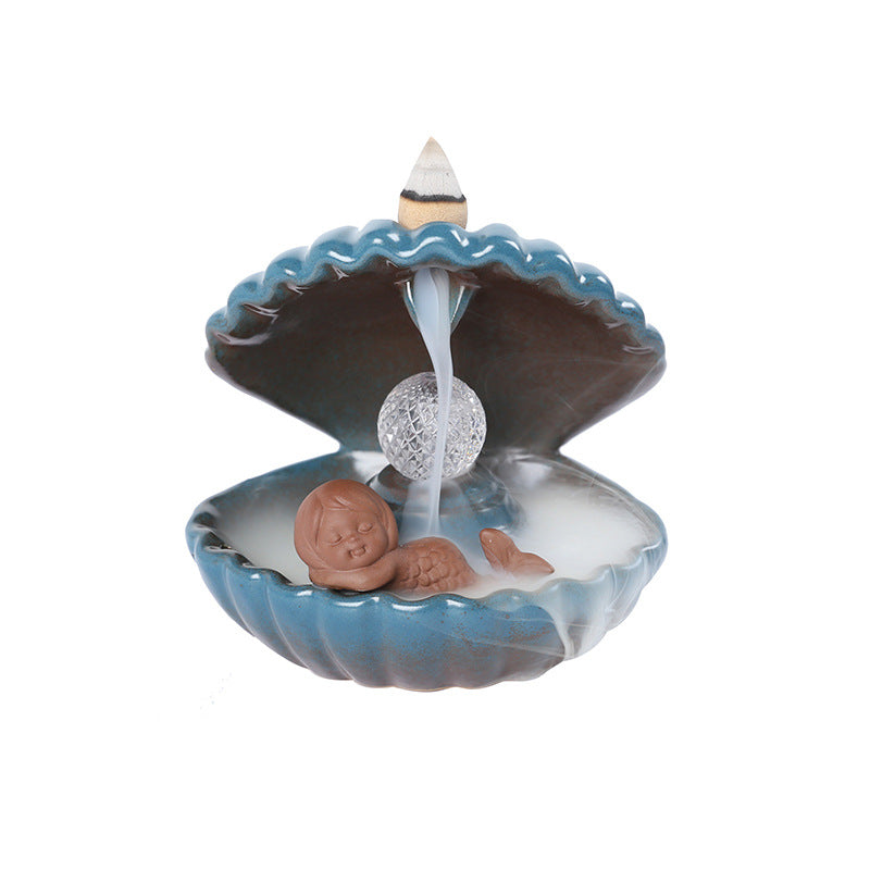Backflow Incense Burner With LED Mermaid Shell Decor