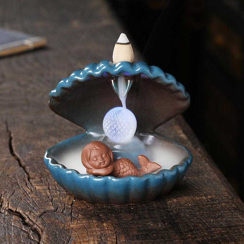 Backflow Incense Burner With LED Mermaid Shell Decor