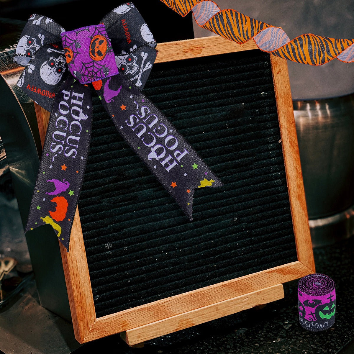 Halloween Ribbon: 5m Woven Checkered Pumpkin Decor