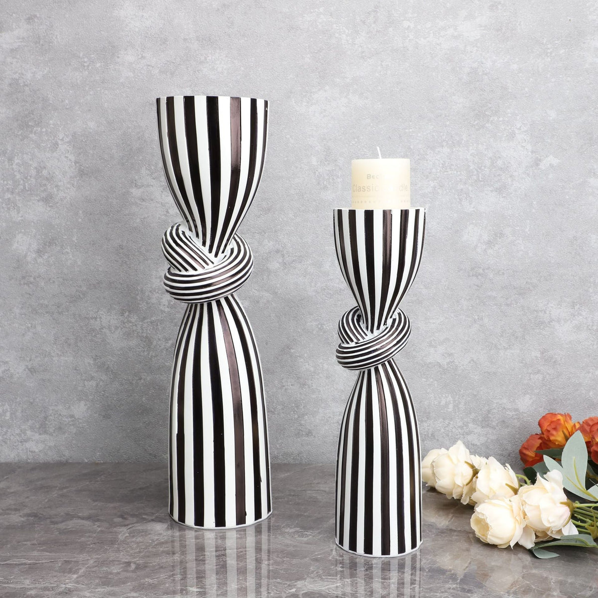 Black and White Striped Resin Candle Holder for Tables