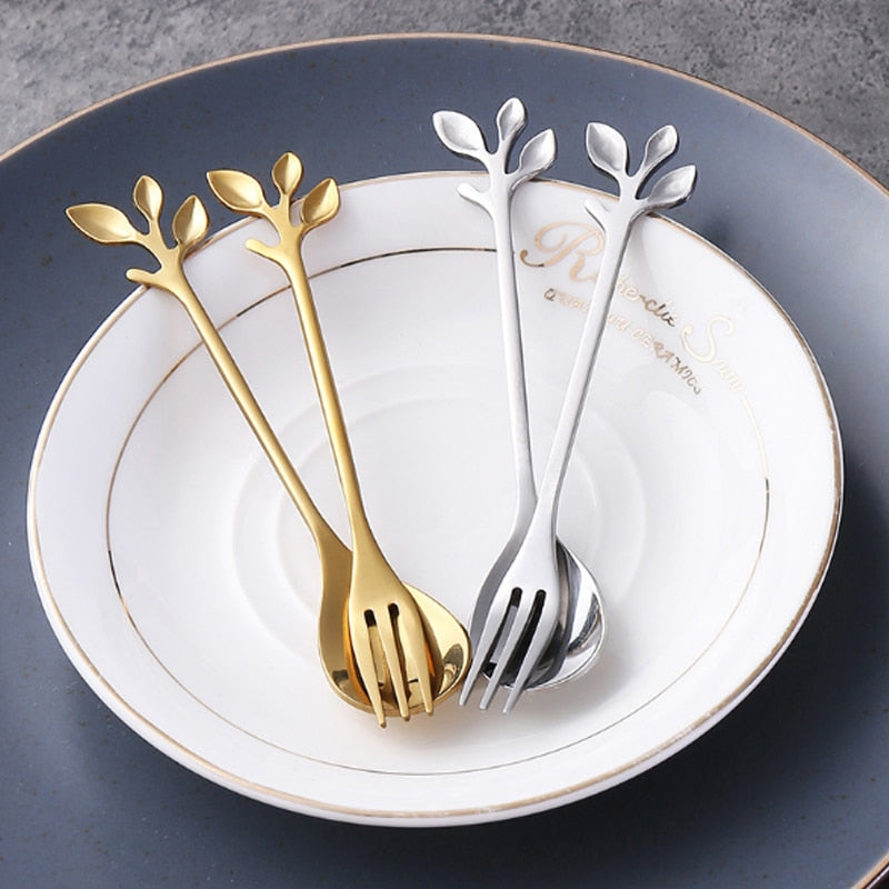 Leaf Branch Stainless Steel Dessert Spoon Fork Gift