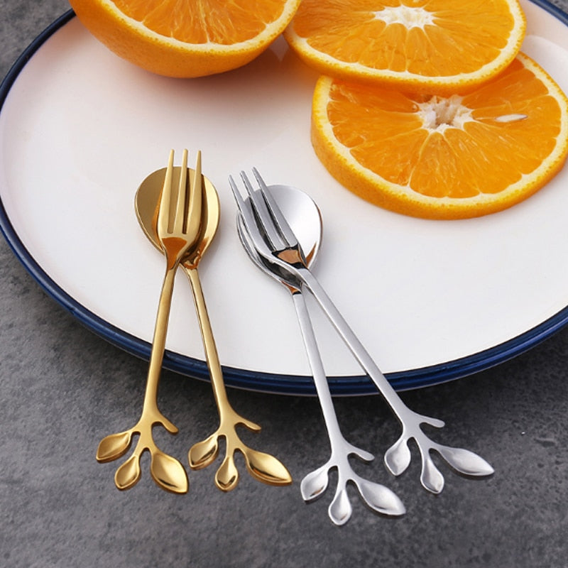 Leaf Branch Stainless Steel Dessert Spoon Fork Gift