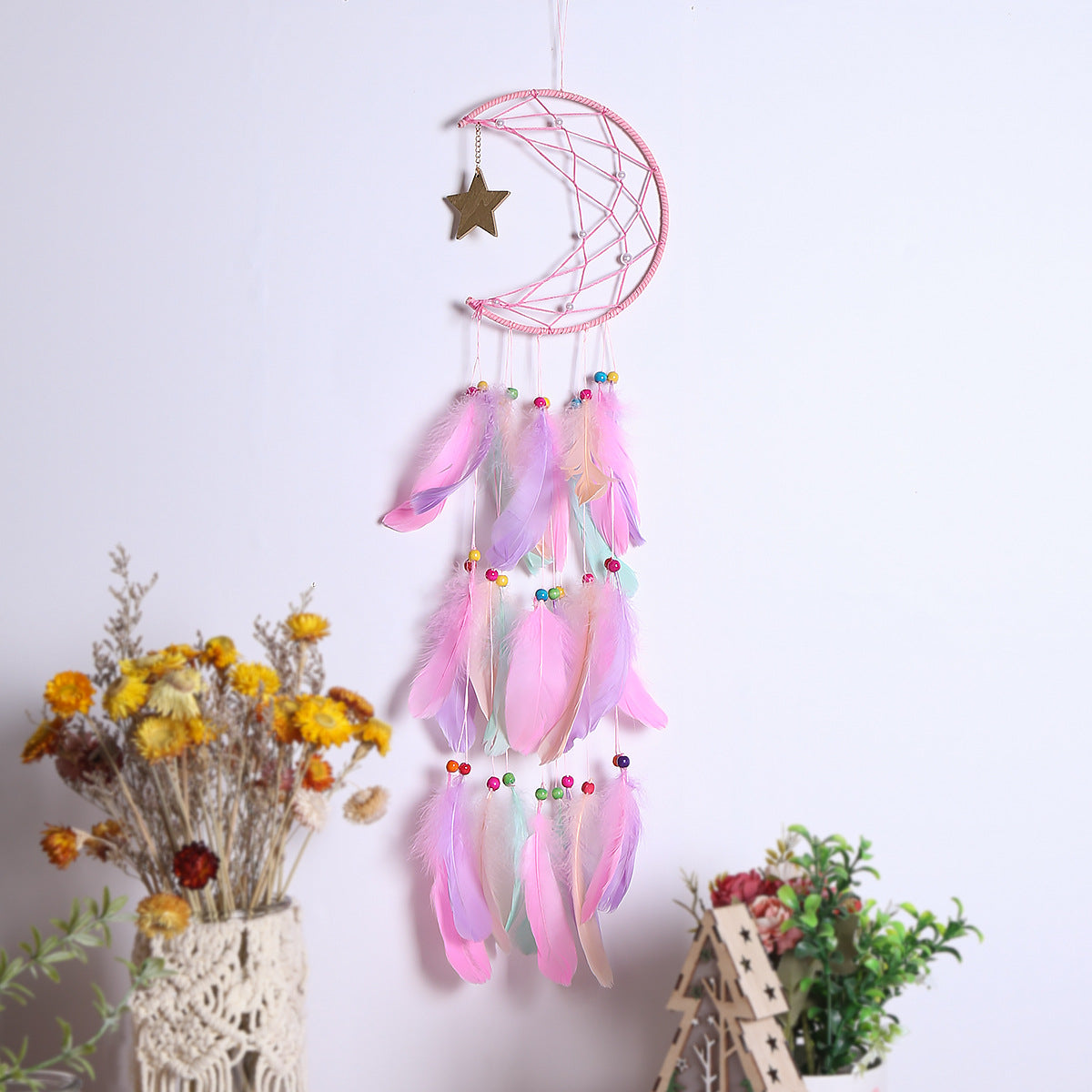 Pastel Crescent Moon Dream Catcher Wall Hanging Decor
