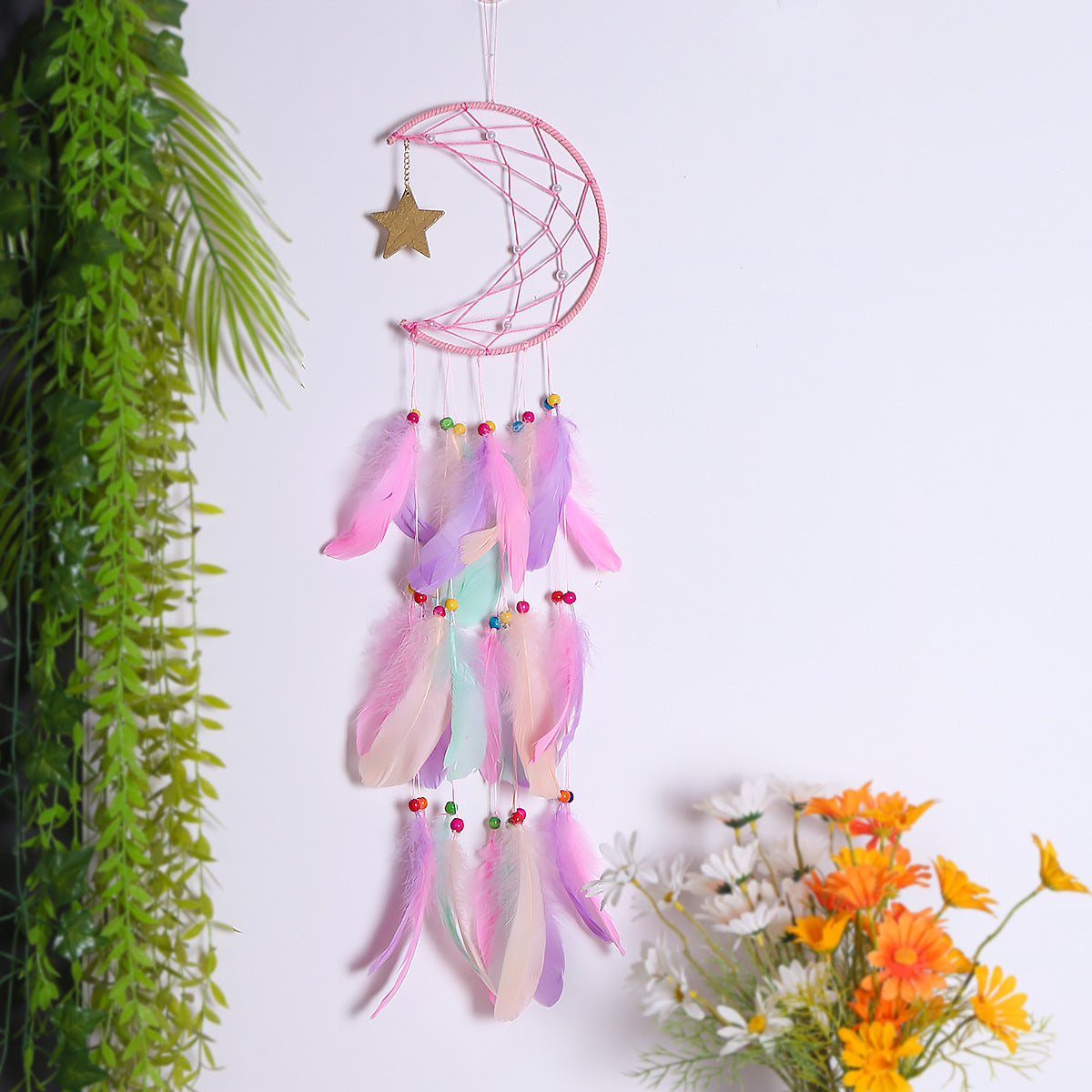 Pastel Crescent Moon Dream Catcher Wall Hanging Decor