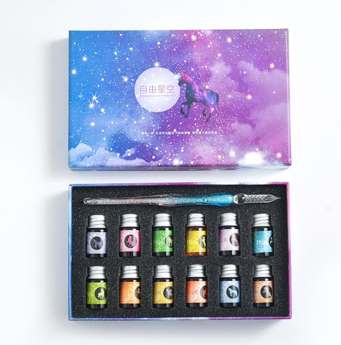 Crystal Glass Pen Gift Box Set With 12 Colorful Inks