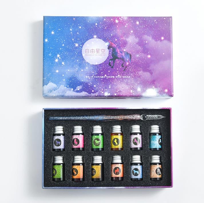 Crystal Glass Pen Gift Box Set With 12 Colorful Inks
