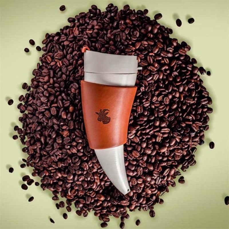 Goat Horn Vacuum Insulated Coffee Mug with Leather Sleeve