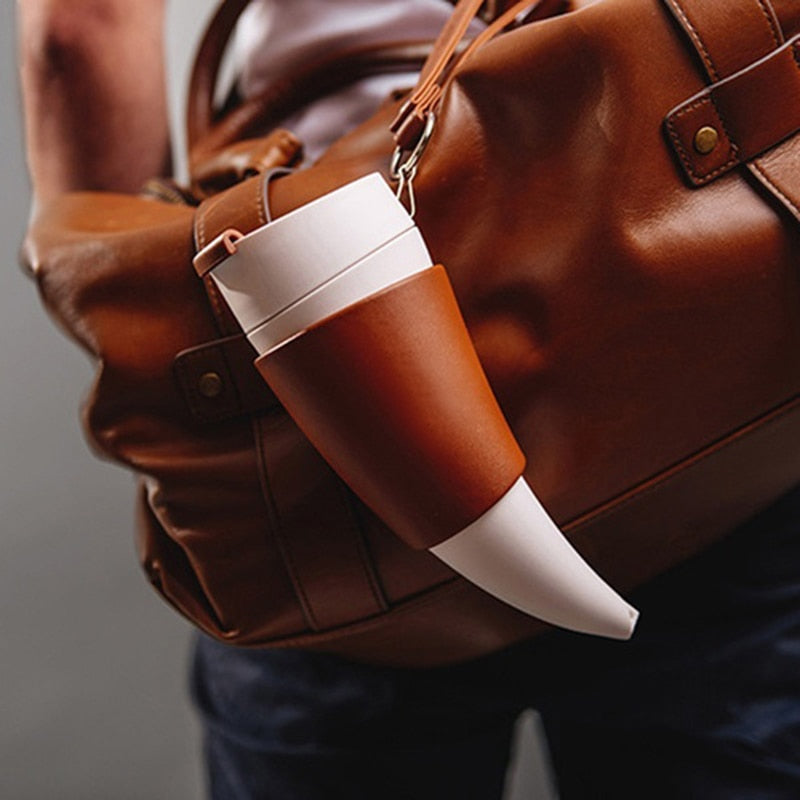 Goat Horn Vacuum Insulated Coffee Mug with Leather Sleeve