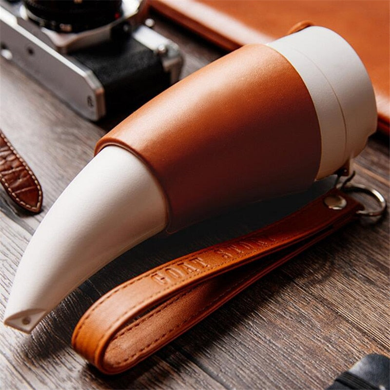 Goat Horn Vacuum Insulated Coffee Mug with Leather Sleeve