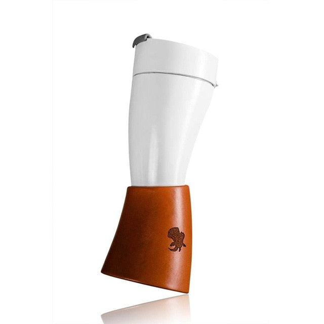 Goat Horn Vacuum Insulated Coffee Mug with Leather Sleeve