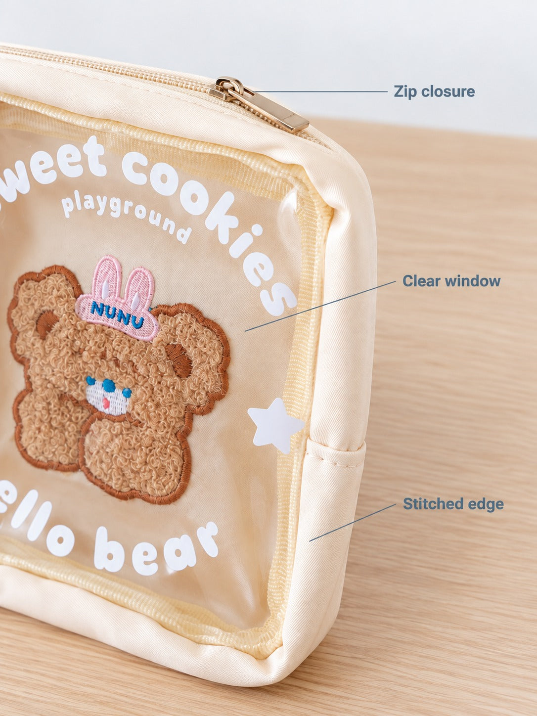 Cute Bear Cosmetic Bag with Clear Window Zip Pouch