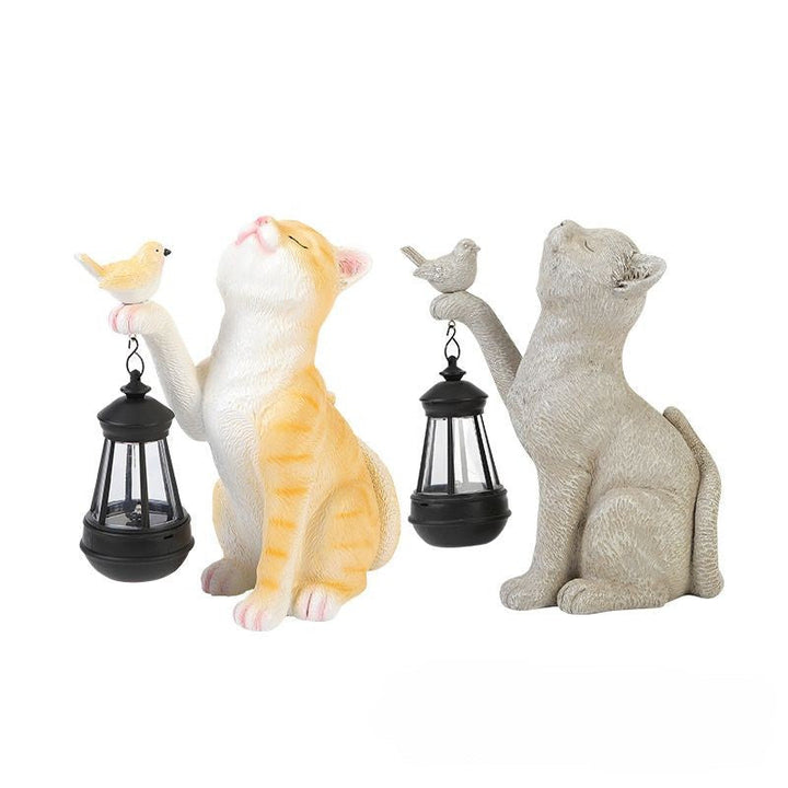 Solar Garden Cat Statue with Glowing Lantern Outdoor