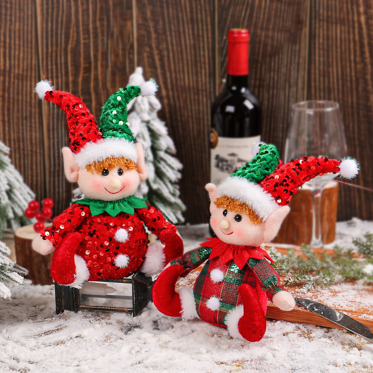 Christmas Elf Doll Set – Glittering Seated Duo Decor