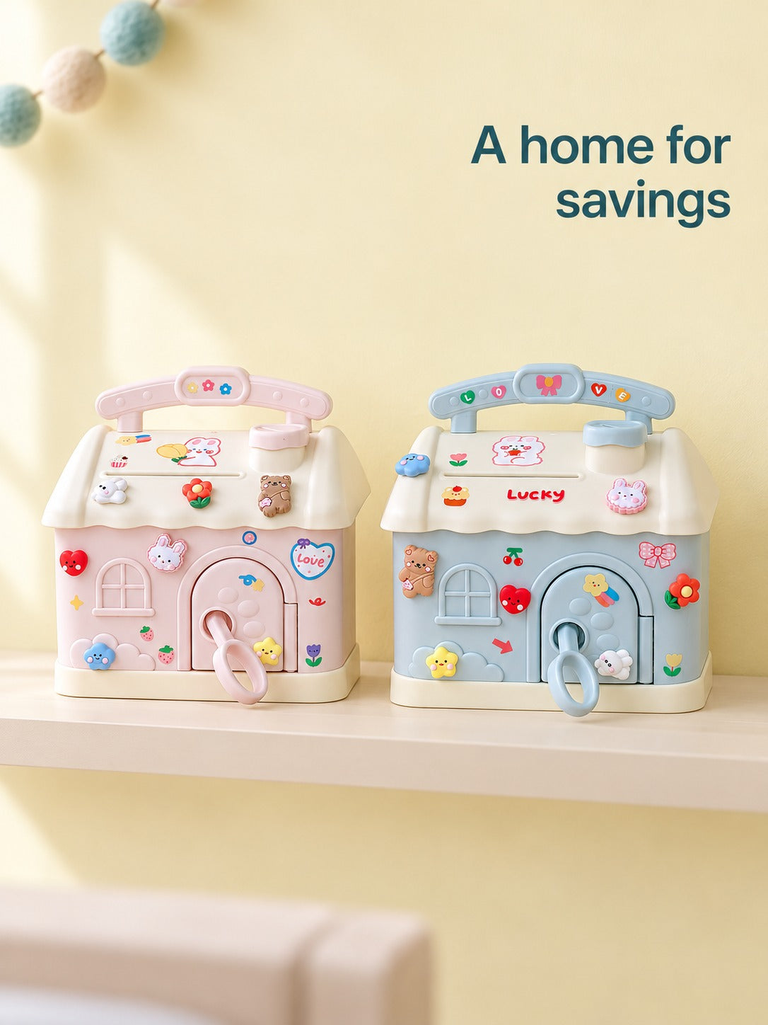 Cute Cottage Piggy Bank with Lock and Key for Kids