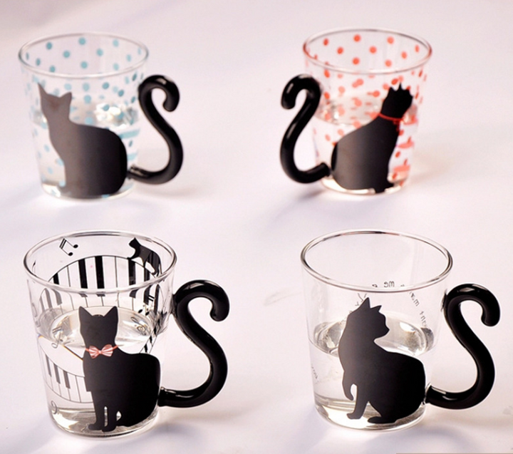Cat Shaped Glass Mug with Tail Handle for Coffee Tea