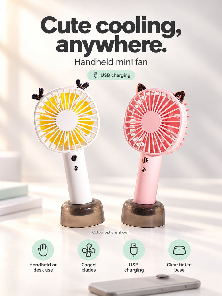Cute Handheld Mini Fan with Desk Stand, USB Charging