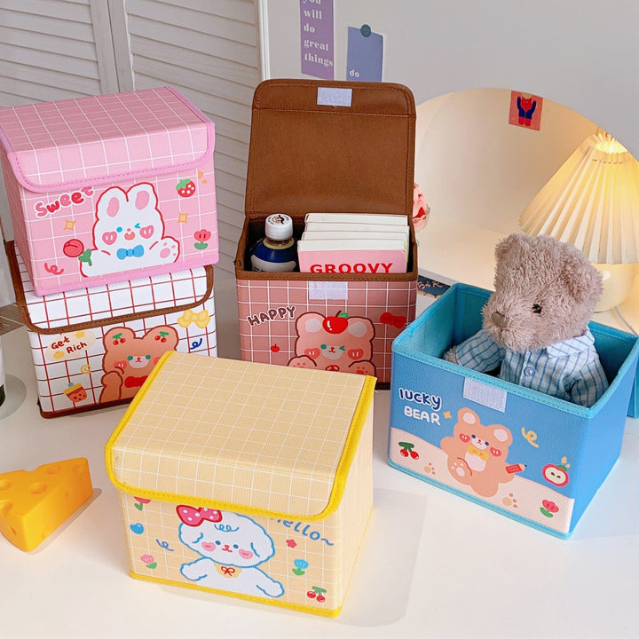 Kawaii Desk Storage Basket with Flip Lid, Dust-Proof