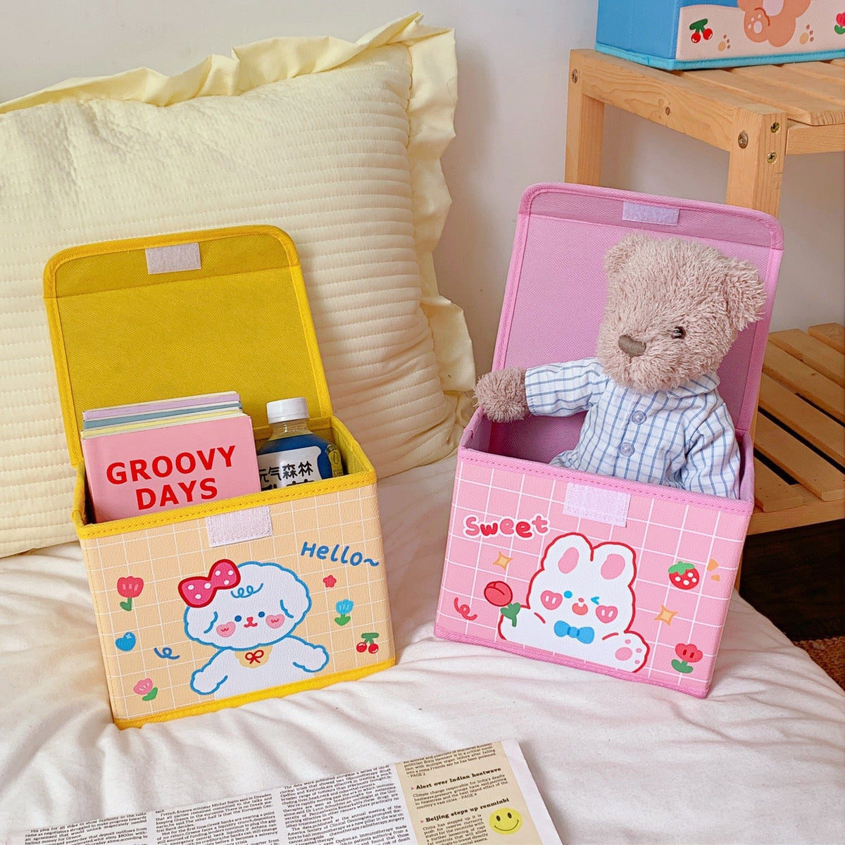 Kawaii Desk Storage Basket with Flip Lid, Dust-Proof