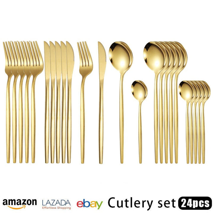 Gold Stainless Steel Flatware Set for Six, 24 Piece