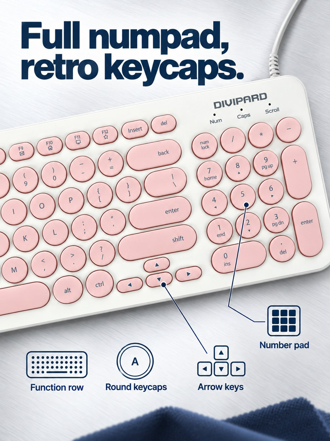 Full-Size Wired Keyboard, Retro Round Keycaps and Numpad