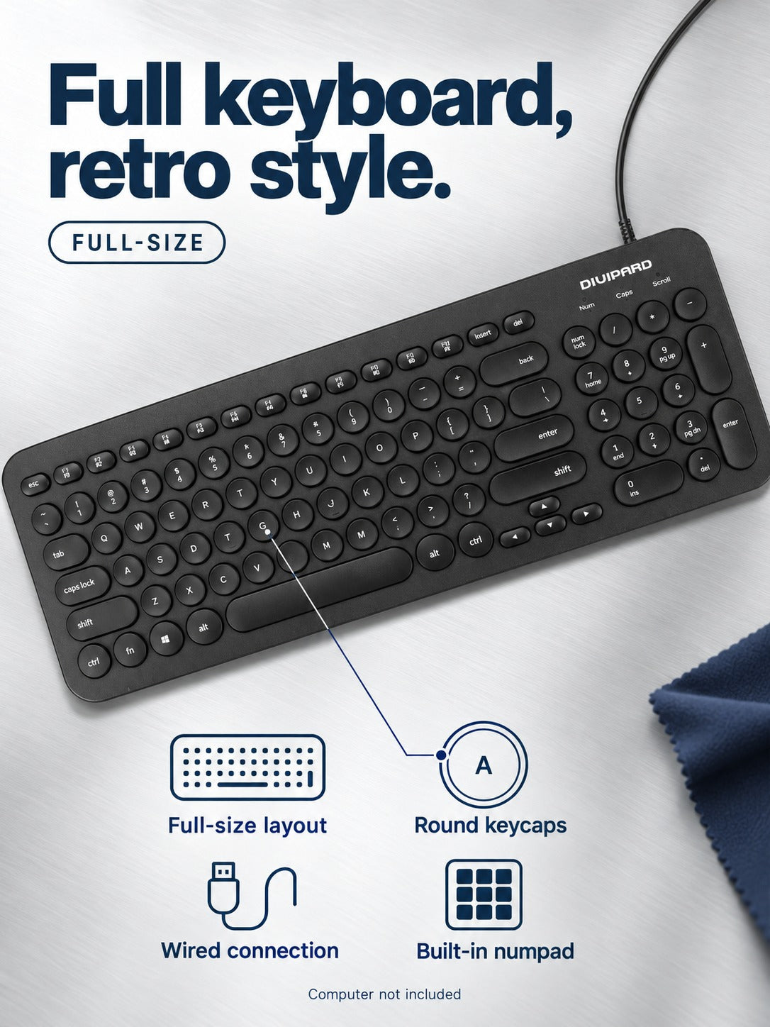 Full-Size Wired Keyboard, Retro Round Keycaps and Numpad
