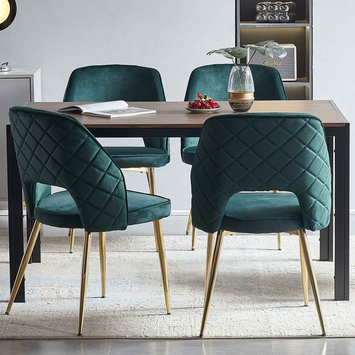 Dark Green Velvet Dining Chairs Set of 4 with Gold Legs