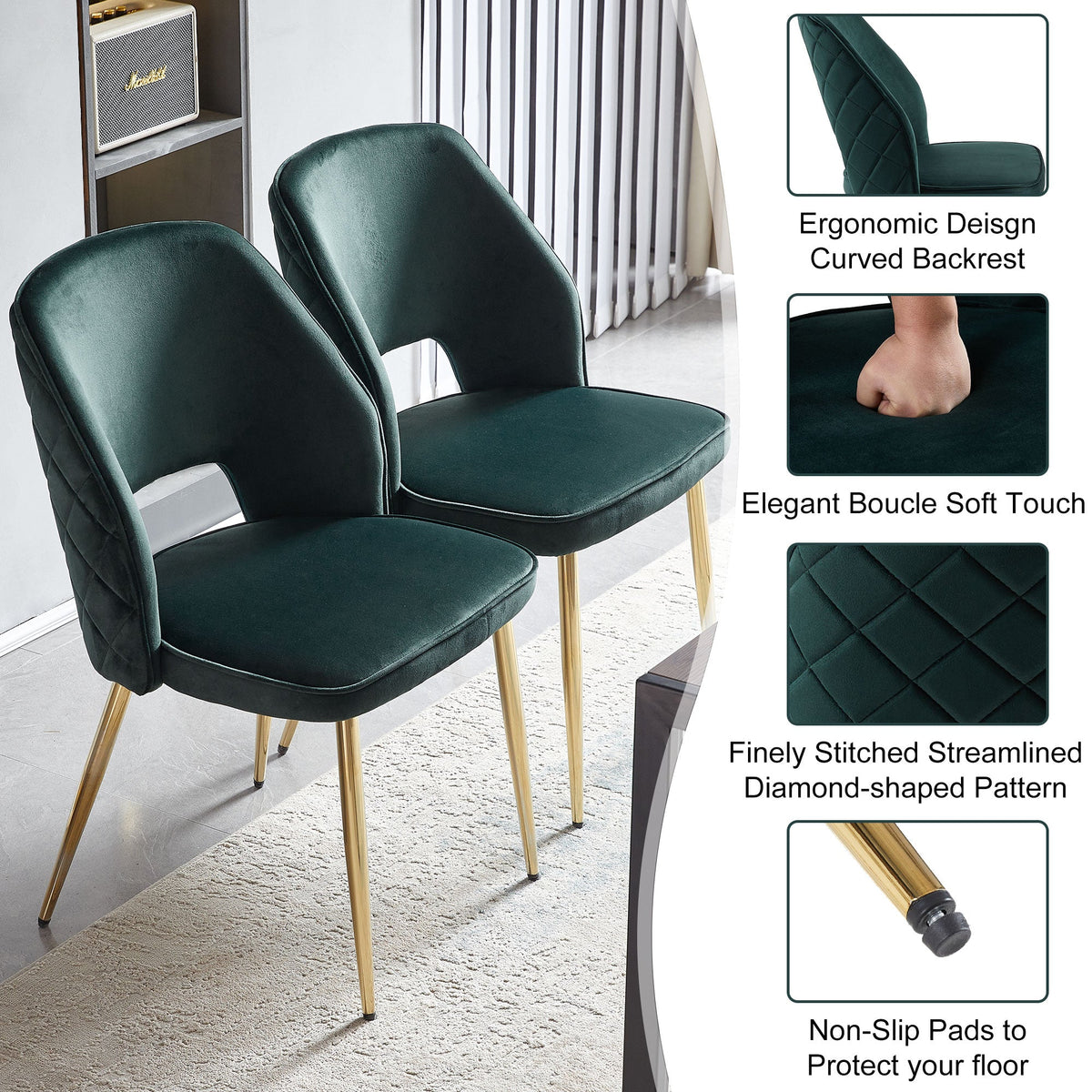 Dark Green Velvet Dining Chairs Set of 4 with Gold Legs