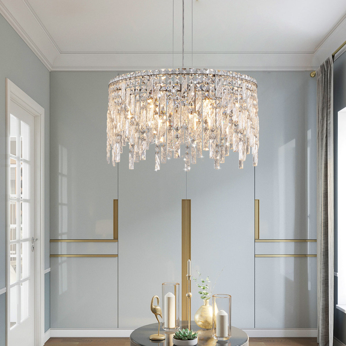 Round Crystal Chandelier with Chrome Canopy, Modern Glam