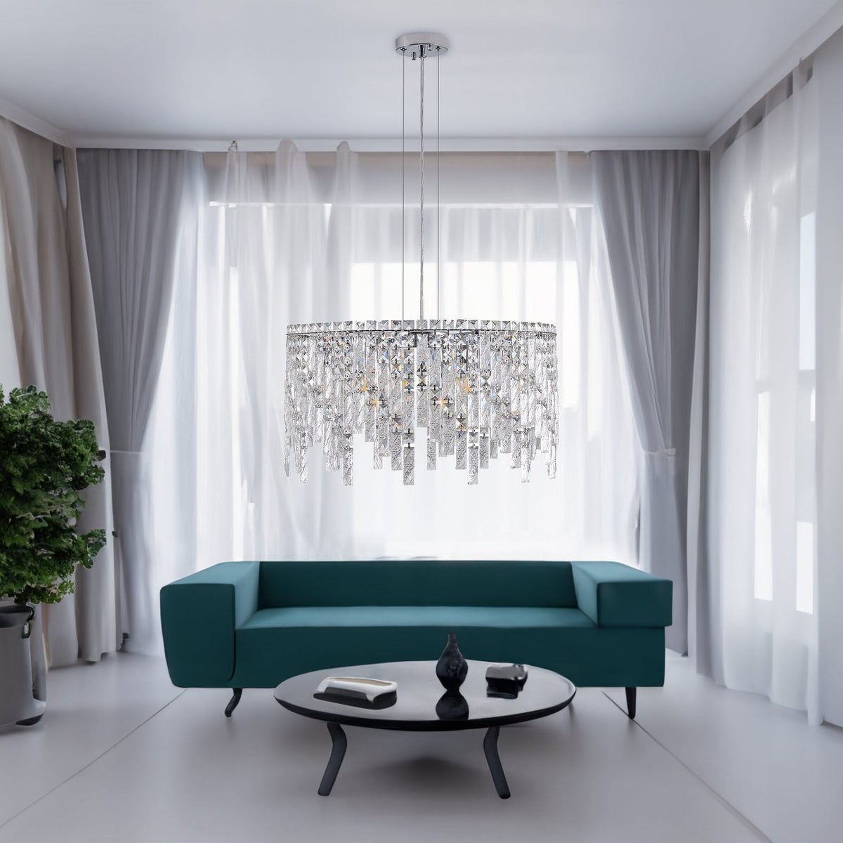 Round Crystal Chandelier with Chrome Canopy, Modern Glam