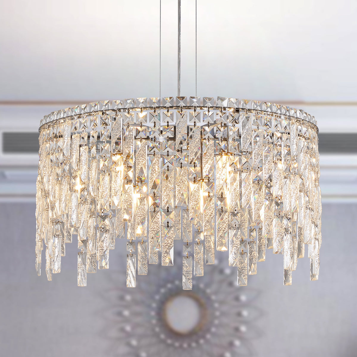 Round Crystal Chandelier with Chrome Canopy, Modern Glam