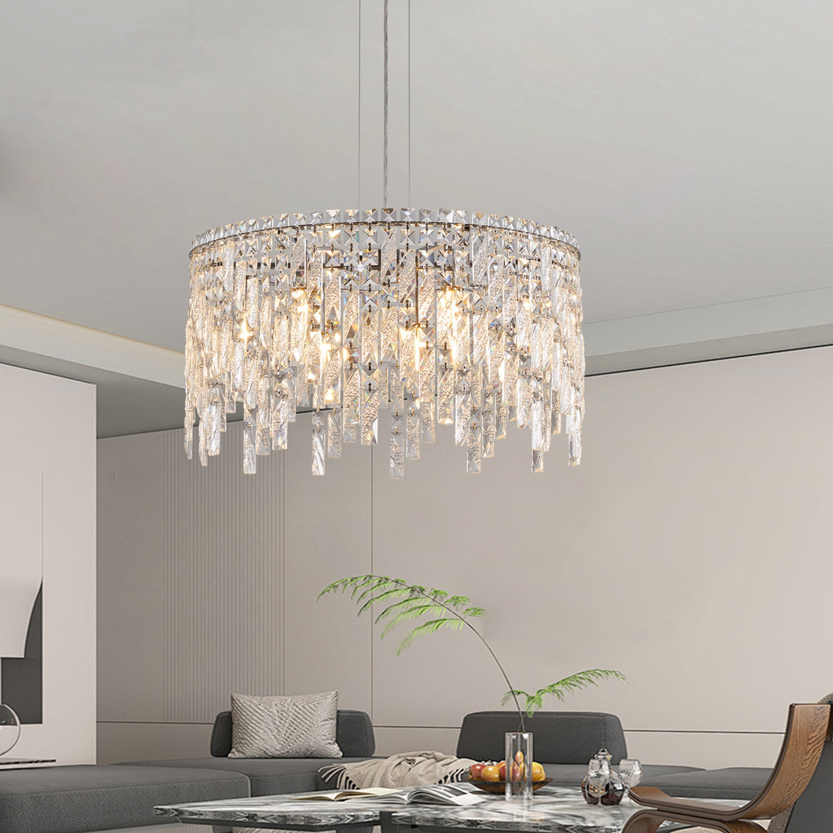 Round Crystal Chandelier with Chrome Canopy, Modern Glam