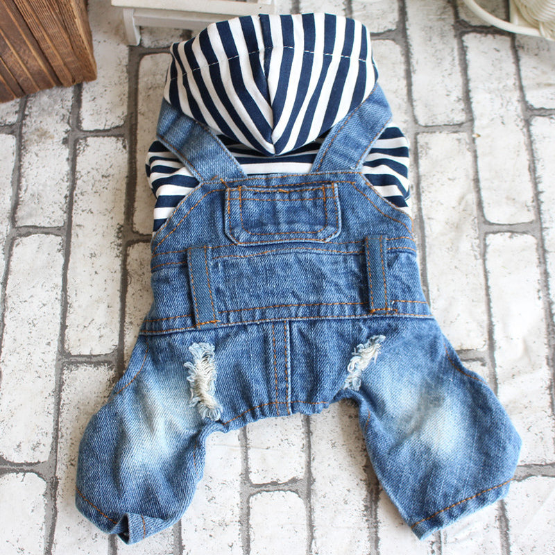Small Dog Denim Jumpsuit With Striped Hoodie Outfit