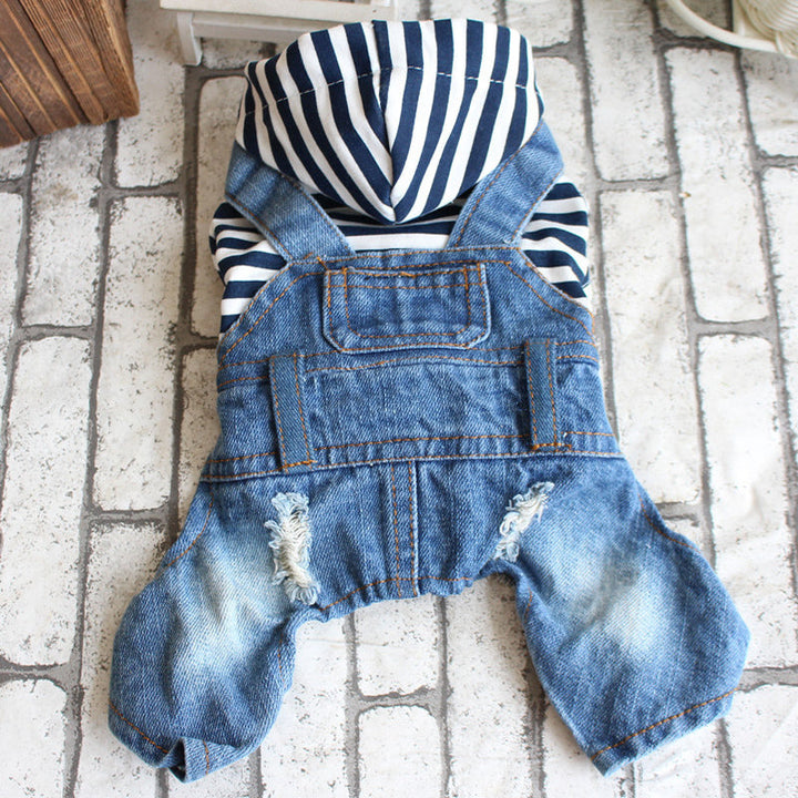 Small Dog Denim Jumpsuit With Striped Hoodie Outfit