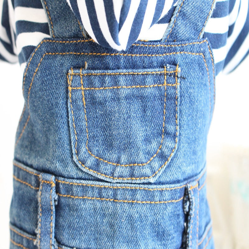 Small Dog Denim Jumpsuit With Striped Hoodie Outfit