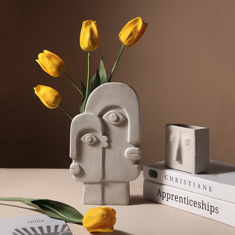 Abstract Face Ceramic Vase for Sculptural Flower Displays