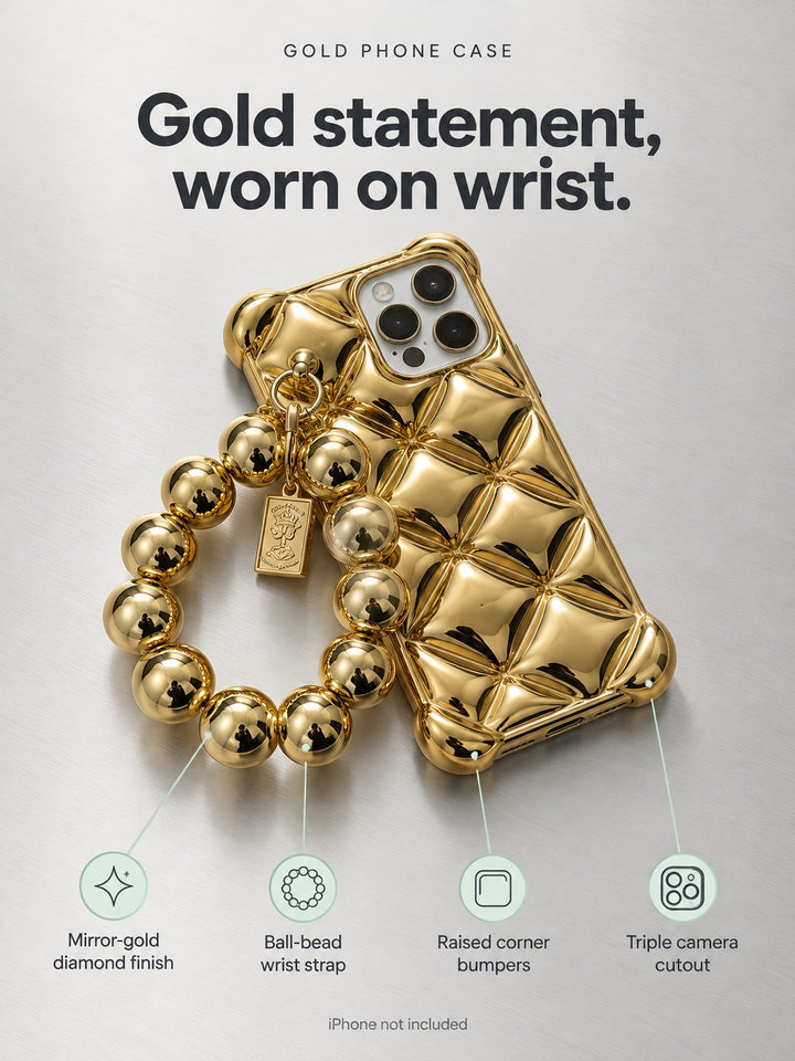 Diamond Plating Phone Case with Gold Ball Bead Strap