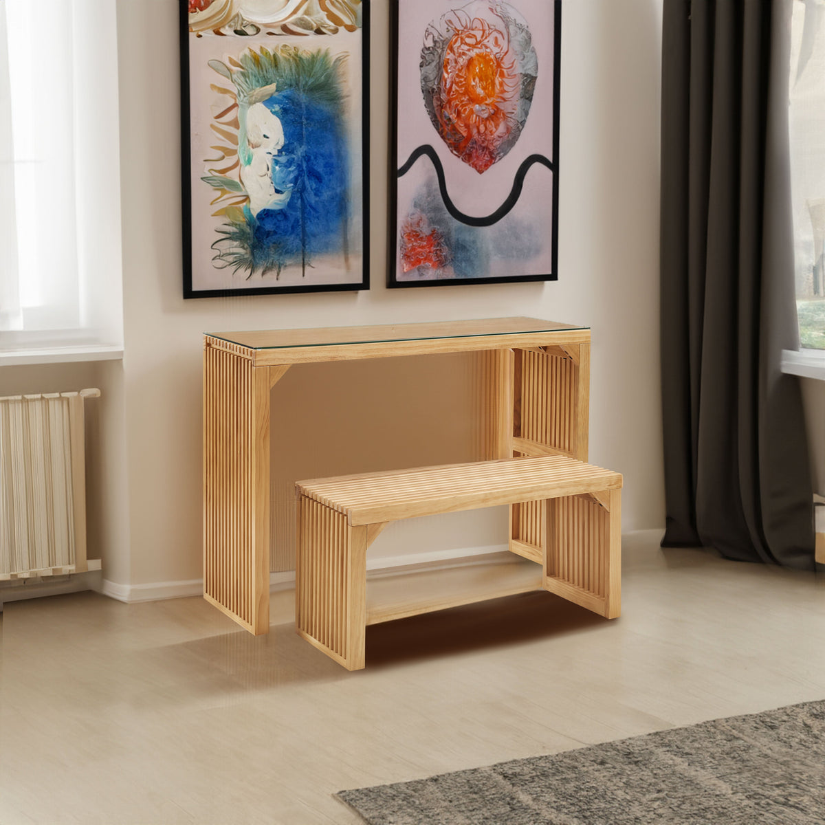 Pine Console Table and Bench Set for Entryway Storage