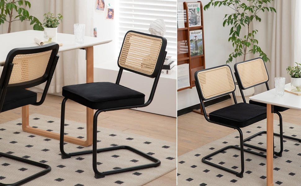 Velvet Rattan Dining Chairs Set of 2 with Black Frame