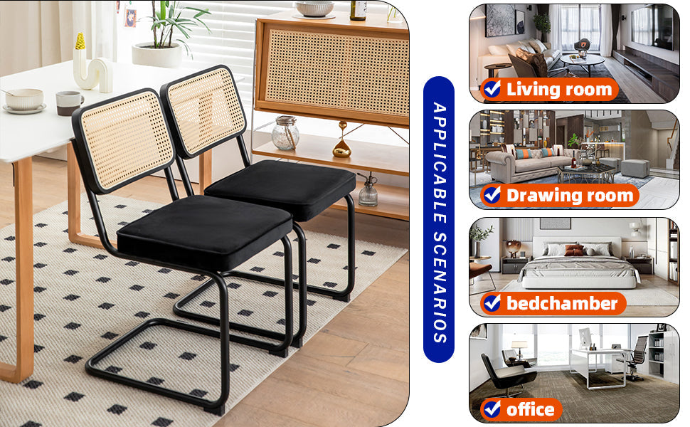 Velvet Rattan Dining Chairs Set of 2 with Black Frame