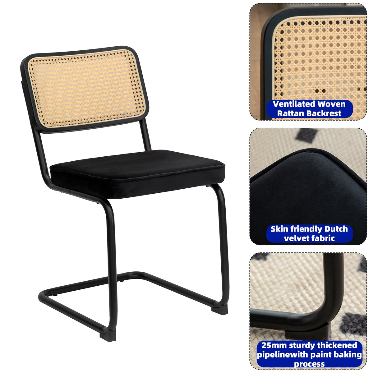 Velvet Rattan Dining Chairs Set of 2 with Black Frame