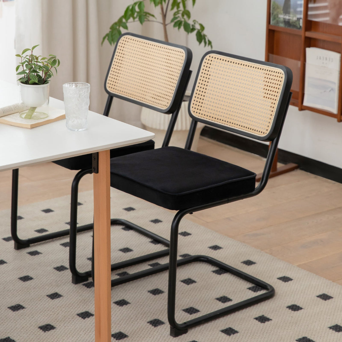 Velvet Rattan Dining Chairs Set of 2 with Black Frame