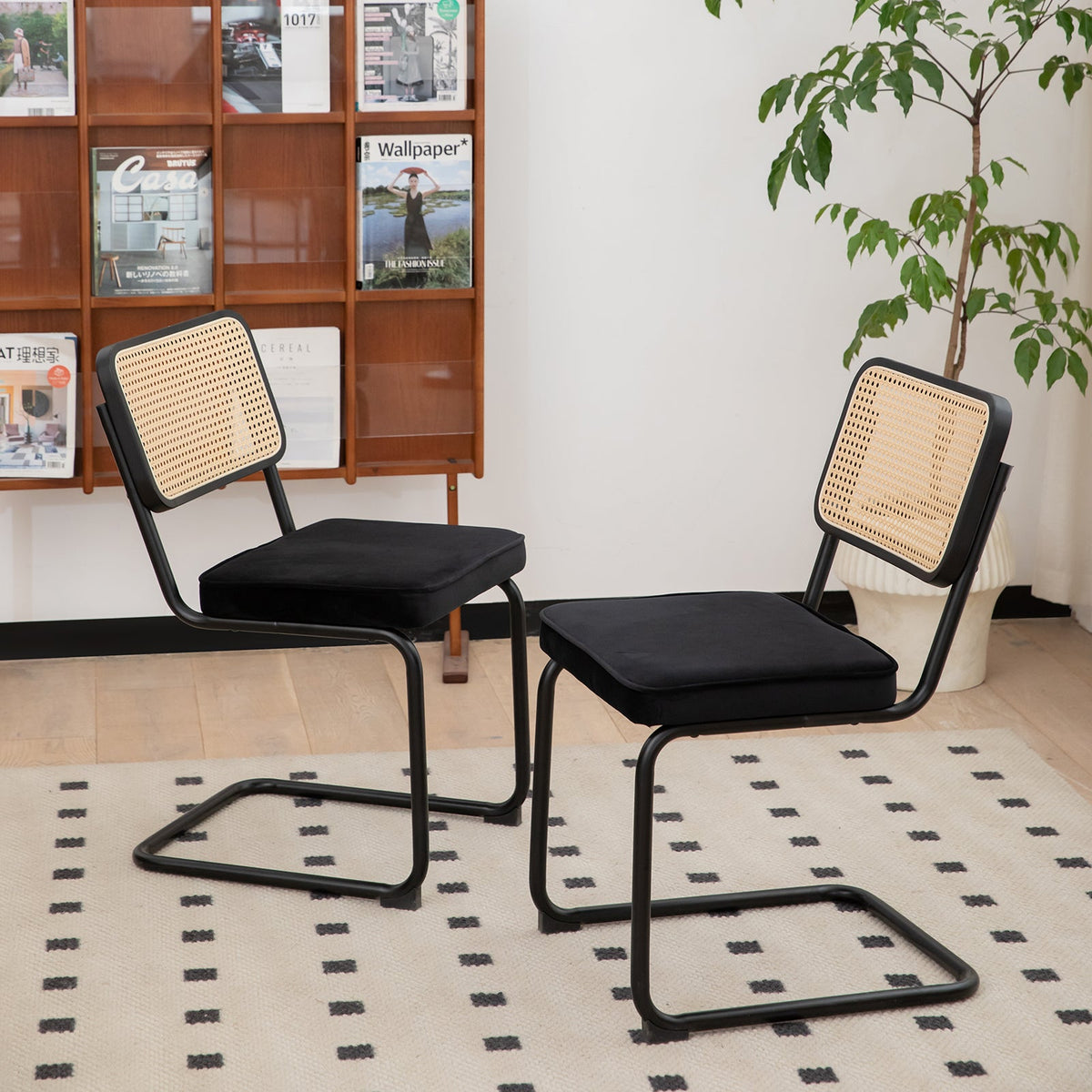 Velvet Rattan Dining Chairs Set of 2 with Black Frame
