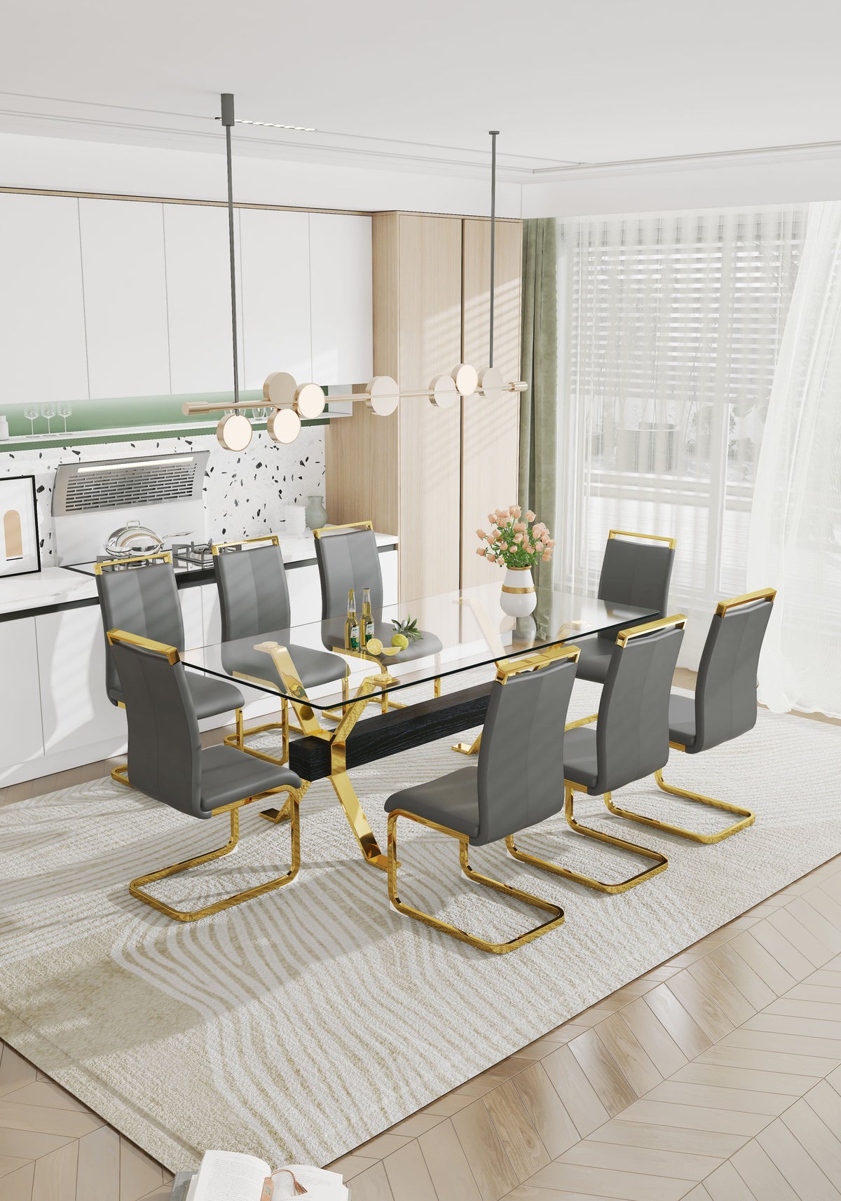 Modern Glass Dining Table with Gold X-Base for Large Rooms