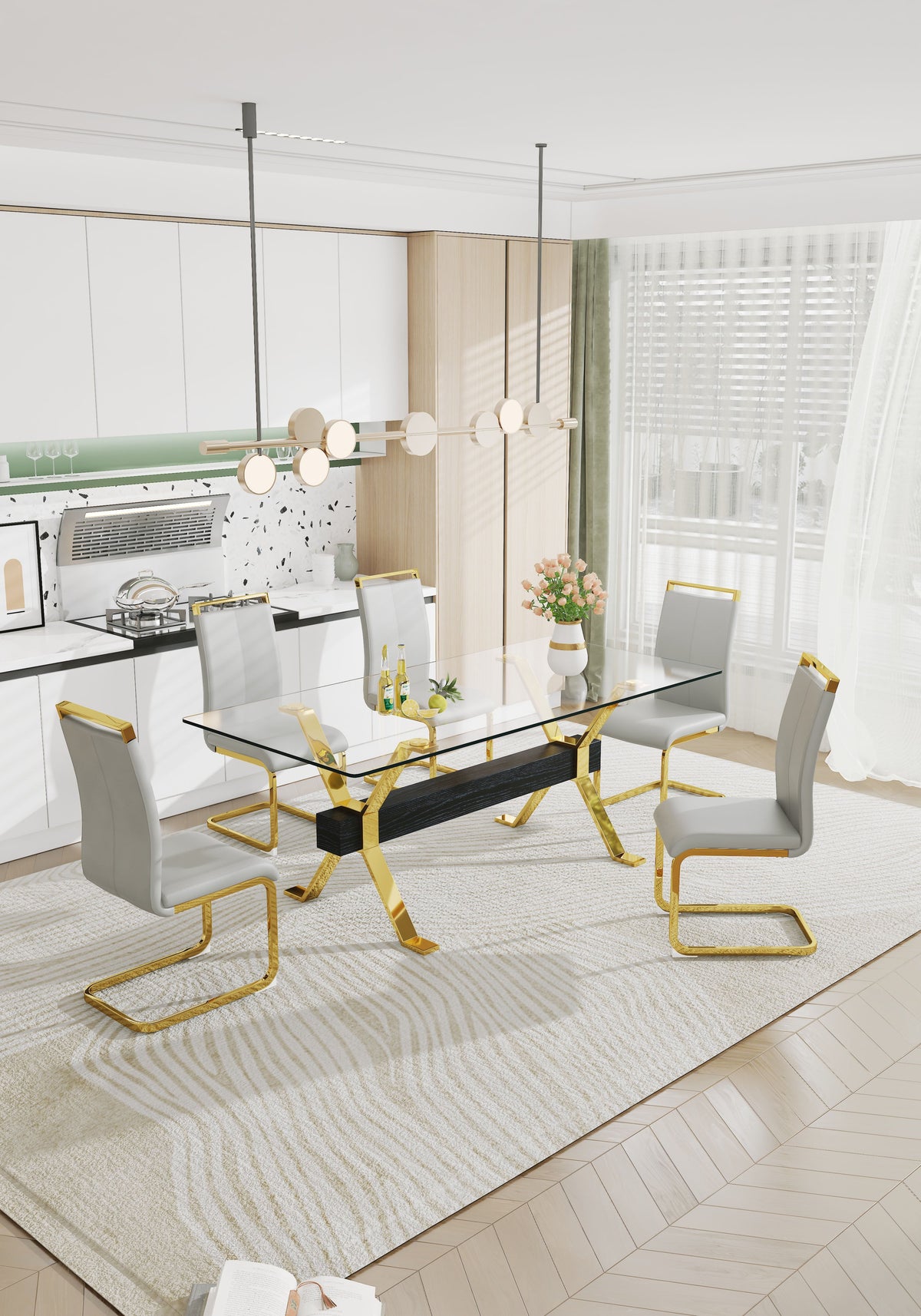 Modern Glass Dining Table with Gold X-Base for Large Rooms
