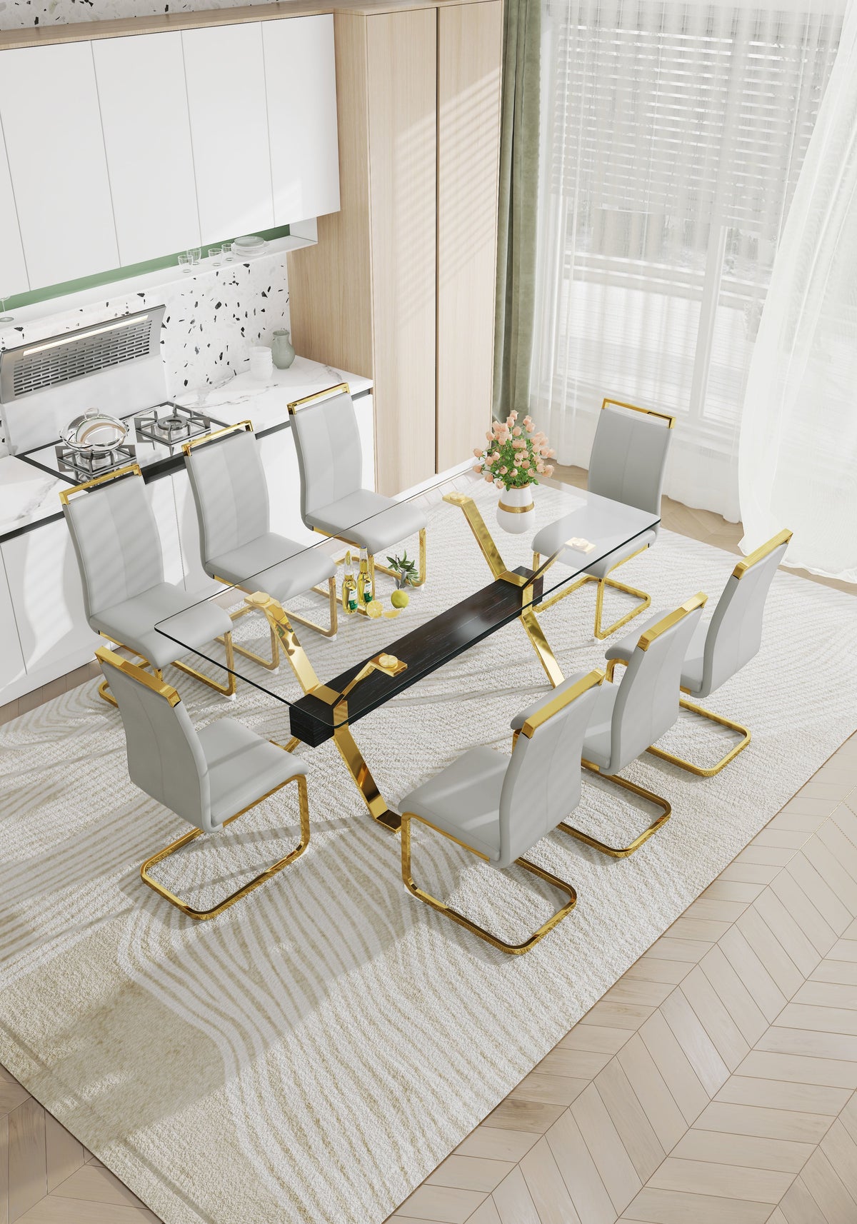 Modern Glass Dining Table with Gold X-Base for Large Rooms