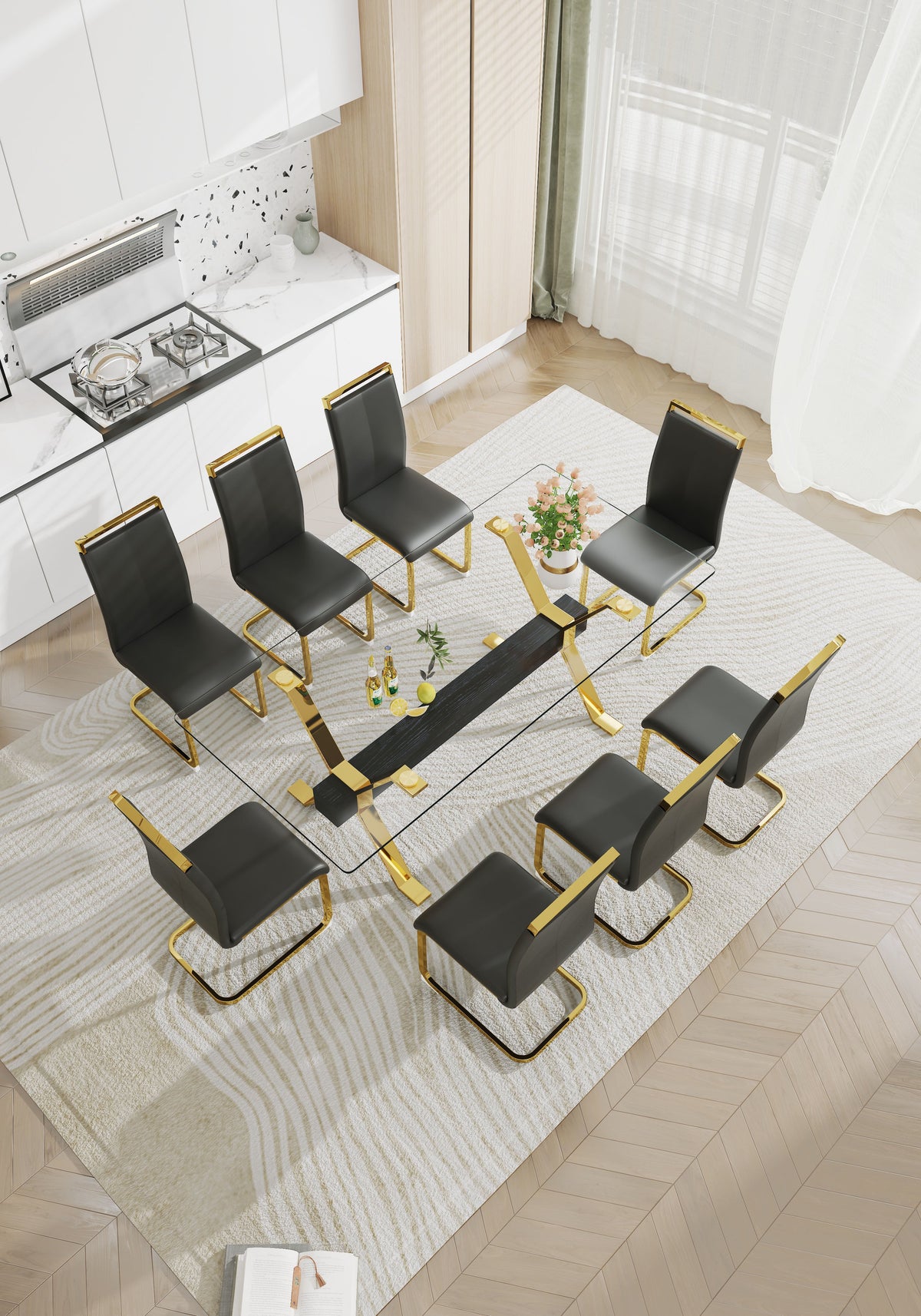 Modern Glass Dining Table with Gold X-Base for Large Rooms