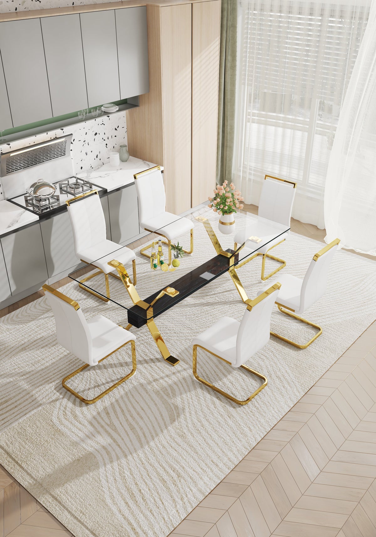 Modern Glass Dining Table with Gold X-Base for Large Rooms