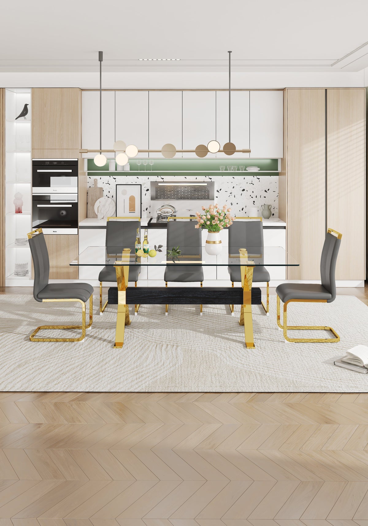 Modern Glass Dining Table with Gold X-Base for Large Rooms